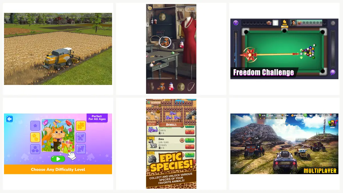 Six screenshots from games in the ModeEval catalogue arranged as a review contact sheet