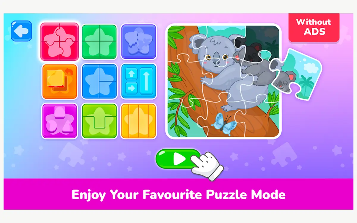 Puzzle games for kids 2-5 year screenshot: a cartoon cat jigsaw with large pieces and a difficulty picker