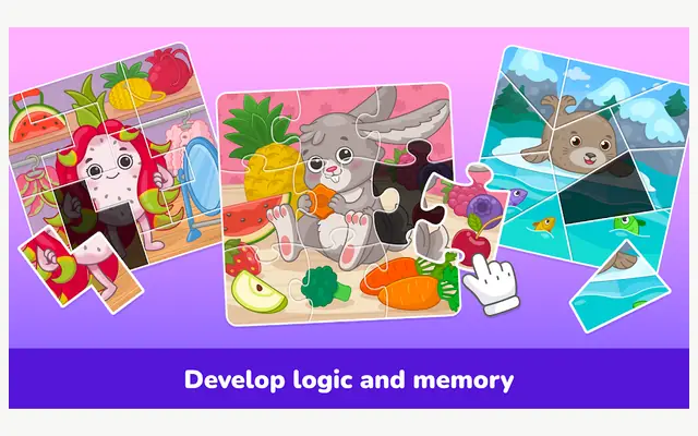 Puzzle games for kids 2-5 year screenshot: a koala jigsaw with a puzzle mode selector