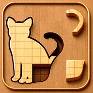 BlockPuz app icon, a wooden puzzle board with a cat shape