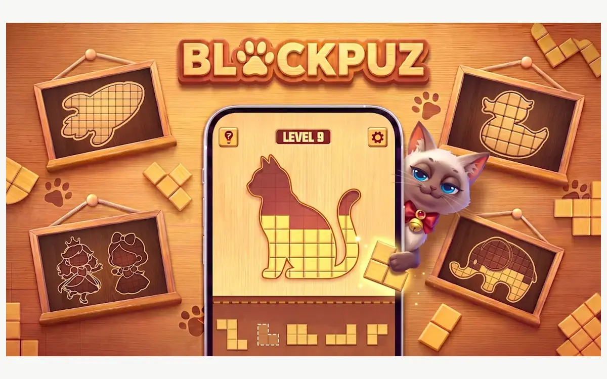 BlockPuz screenshot: wooden blocks being placed on a ten by ten grid