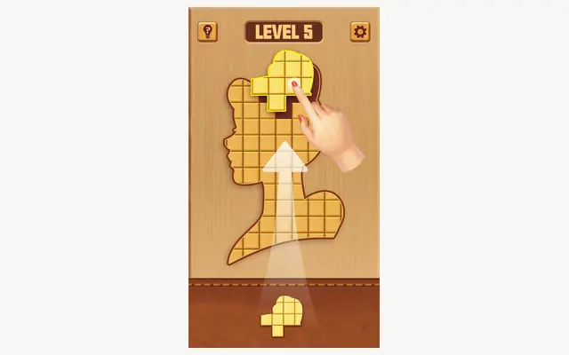 BlockPuz screenshot: a wooden silhouette filling with placed blocks