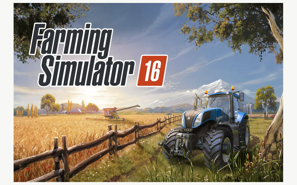 Farming Simulator 16 screenshot: a tractor and combine harvester working a wheat paddock