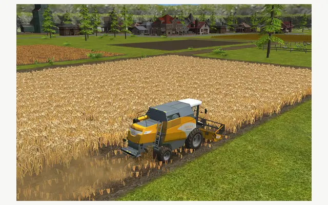 Farming Simulator 16 screenshot: a harvester cutting a wheat field beside a farmyard
