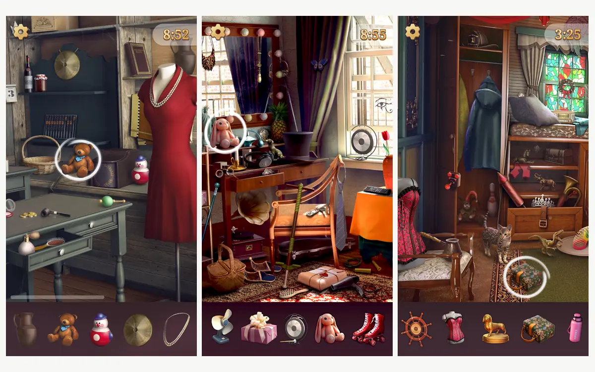 Hidden Objects: Find It! screenshots: three cluttered painted rooms with an item list along the bottom