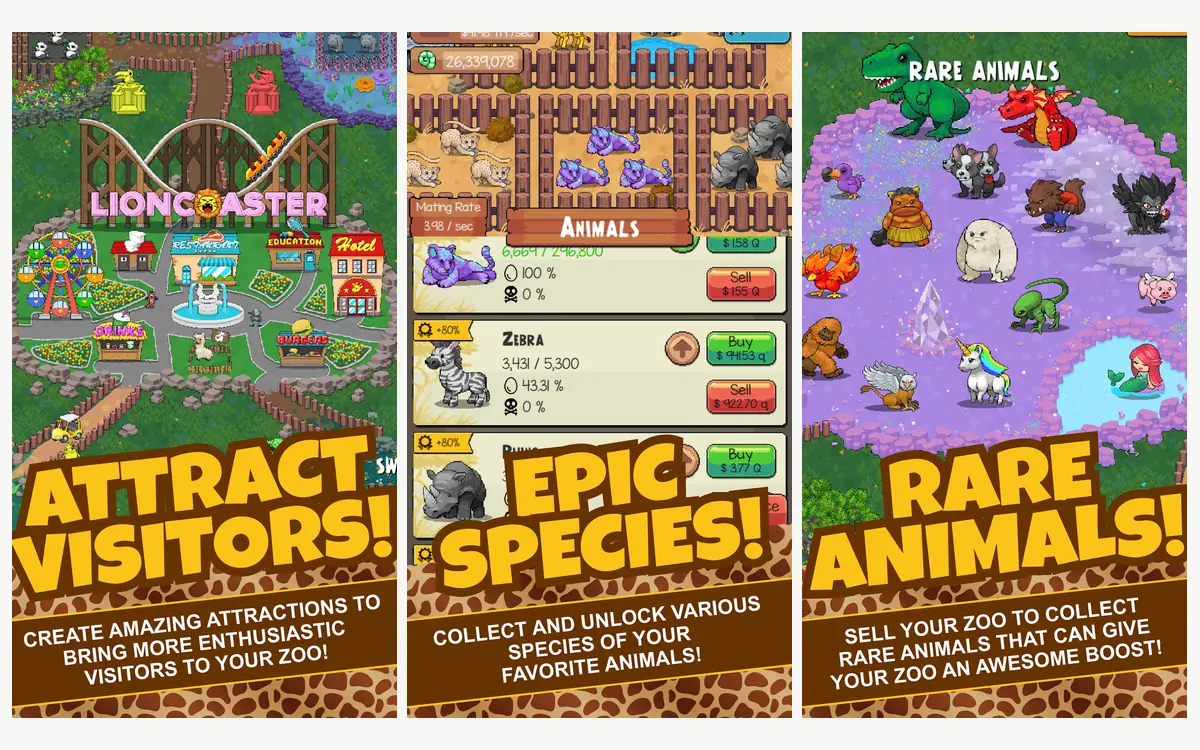 Idle Tap Zoo screenshots: three views of a zoo with enclosures, species lists and visitor paths