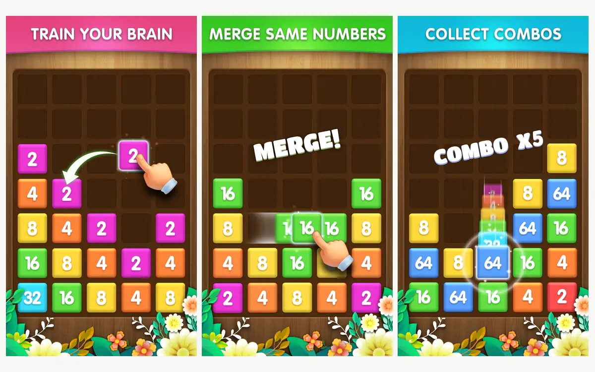 Merge Block Puzzle screenshots: numbered blocks stacking and combining on a narrow board
