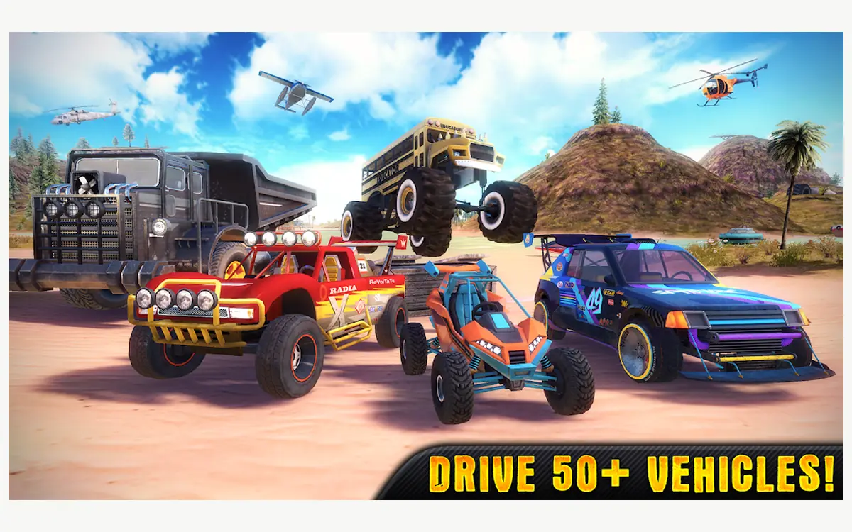 OTR Offroad Car Driving Game screenshot: four-wheel drives crossing rocky open terrain